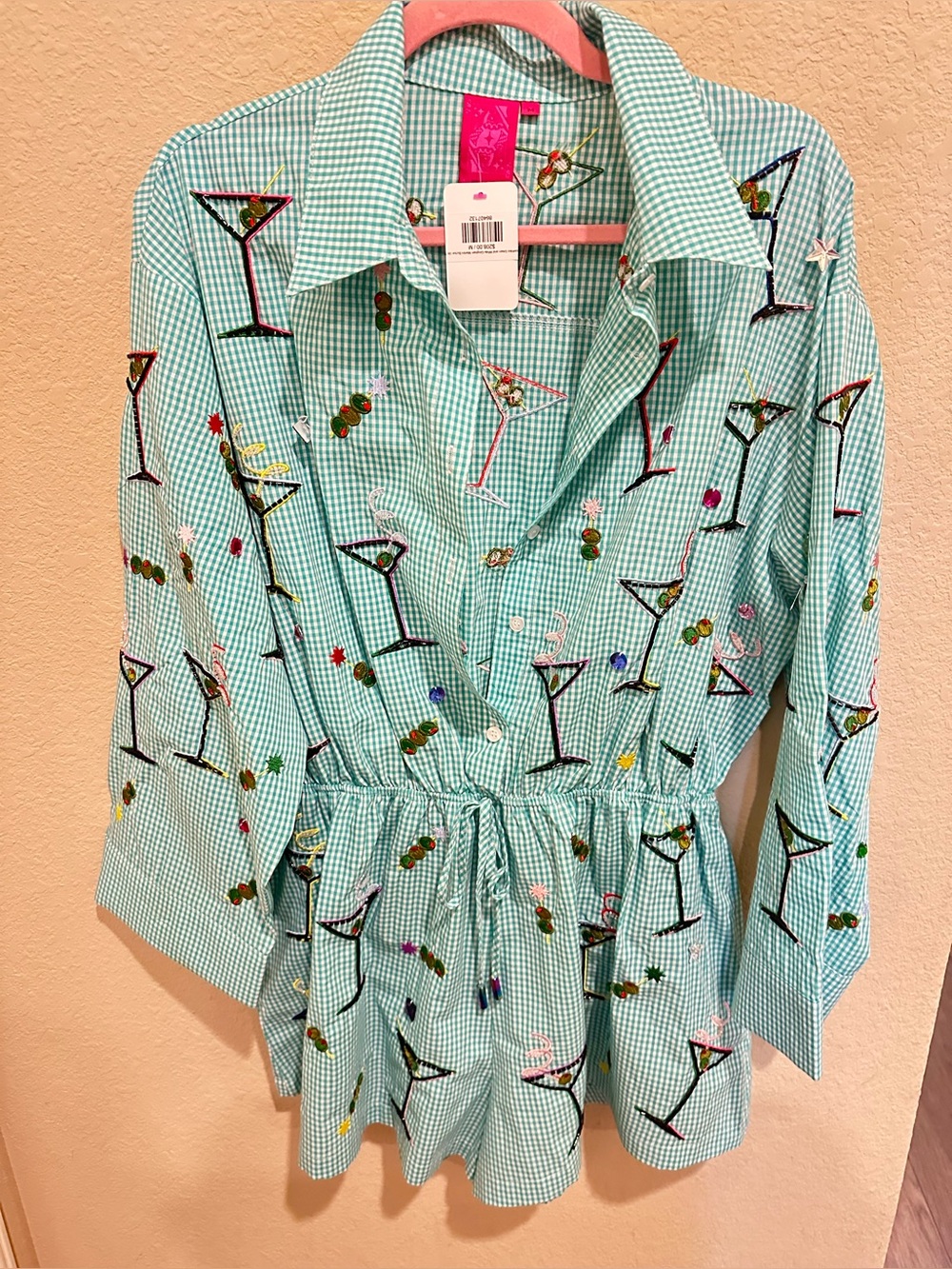 QUEEN OF SPARKLES Mint Green Gingham Embroidered Martini Romper -NWT